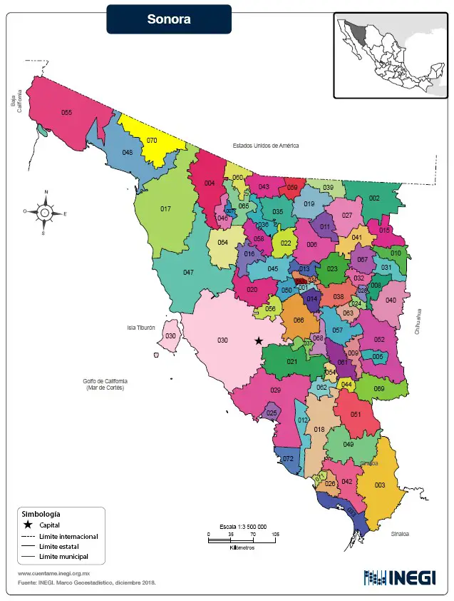 Mapa del Estado de Sonora Mexico con nombres a color2