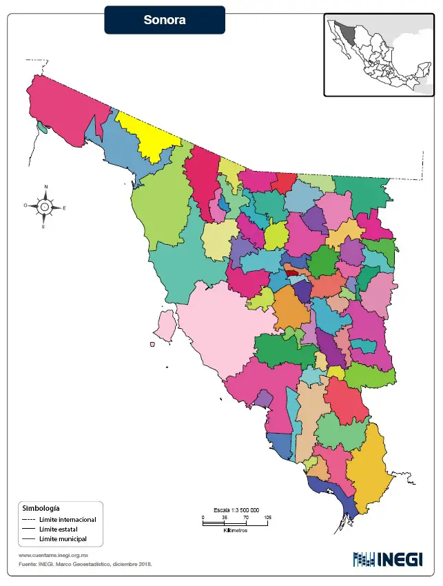 Mapa del Estado de Sonora Mexico sin nombres a color