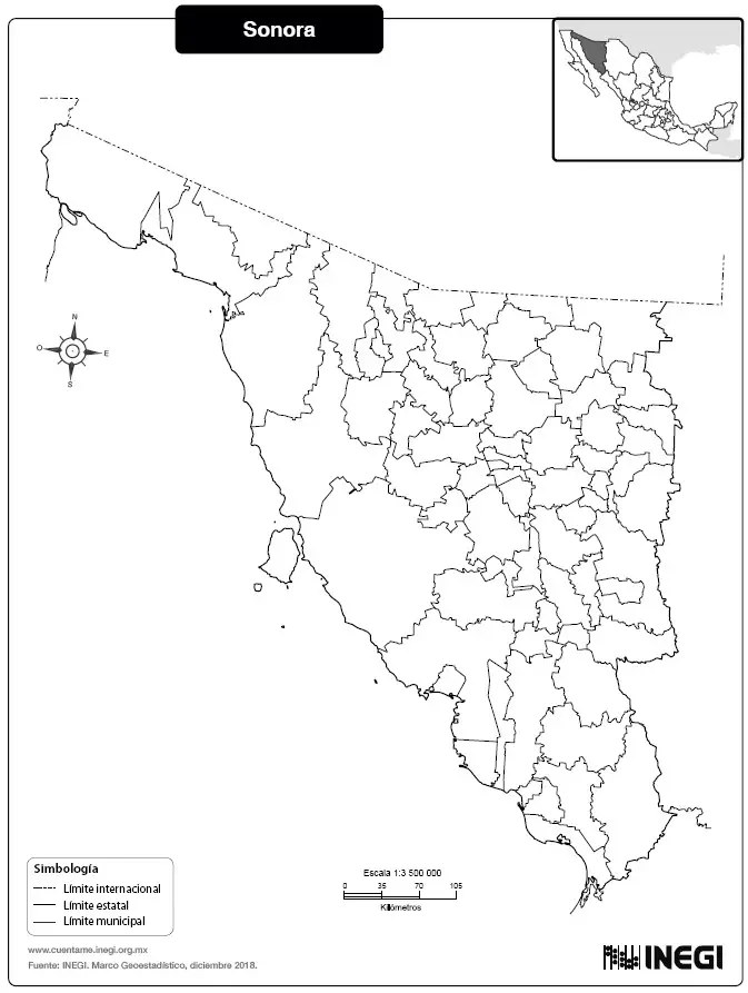 Mapa del Estado de Sonora Mexico sin nombres blanco y negro