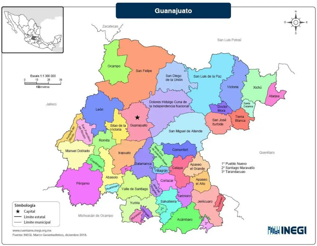 Mapa del estado de Guanajuato México con nombres a color