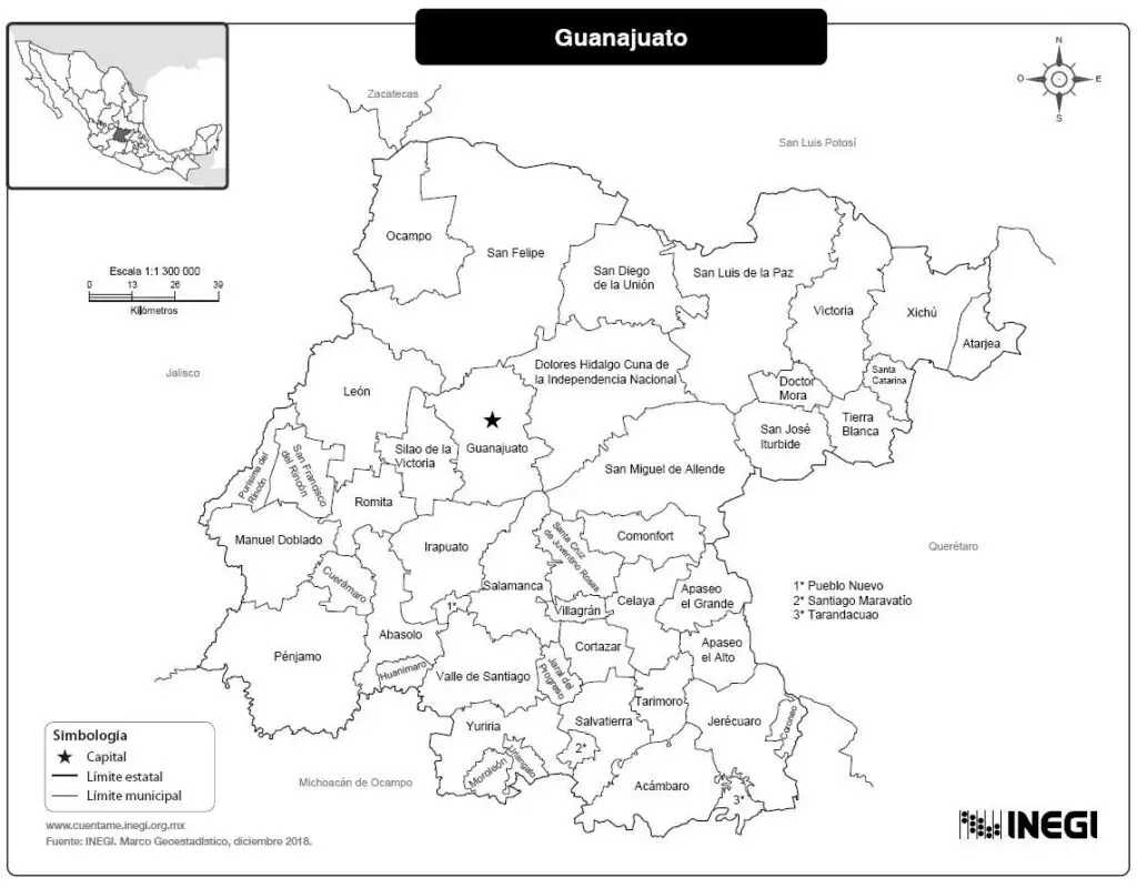 Mapa del estado de Guanajuato México con nombres blanco y negro