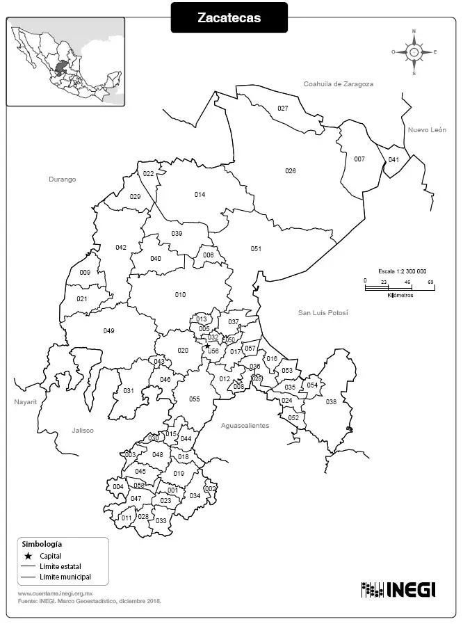 Mapa del estado de Zacatecas con nombres a blanco y negro