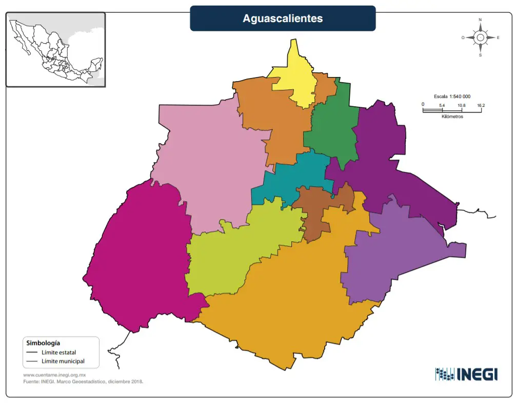 Mapa del estado de Aguascalientes, México sin nombres a color