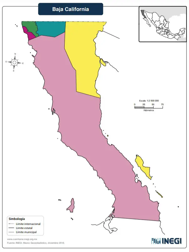 Mapa del estado de Baja California sin nombres a color