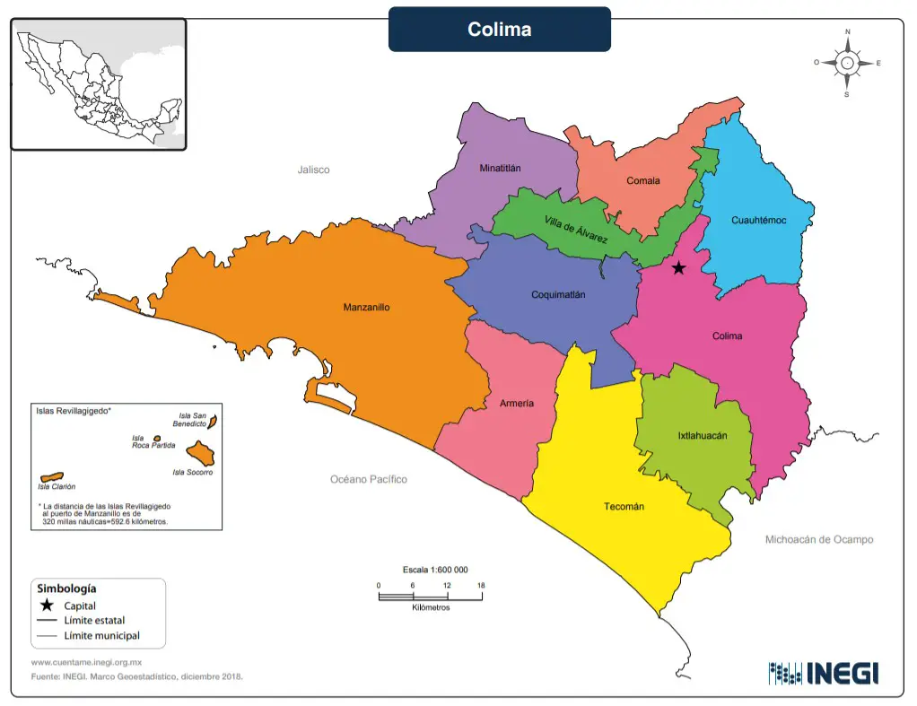 Mapa del estado de Colima con nombres a color