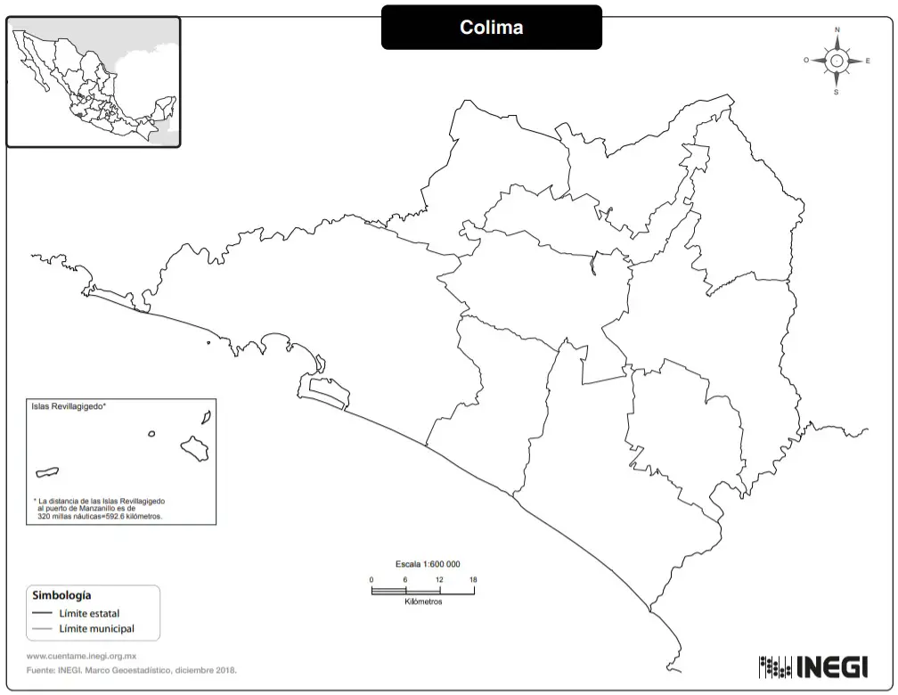 Mapa del estado de Colima sin nombres en blanco y negro