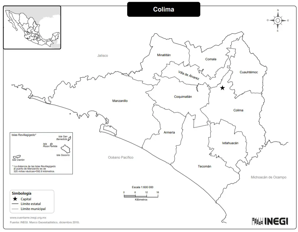 Mapa del estado de Colima con nombres en blanco y negro