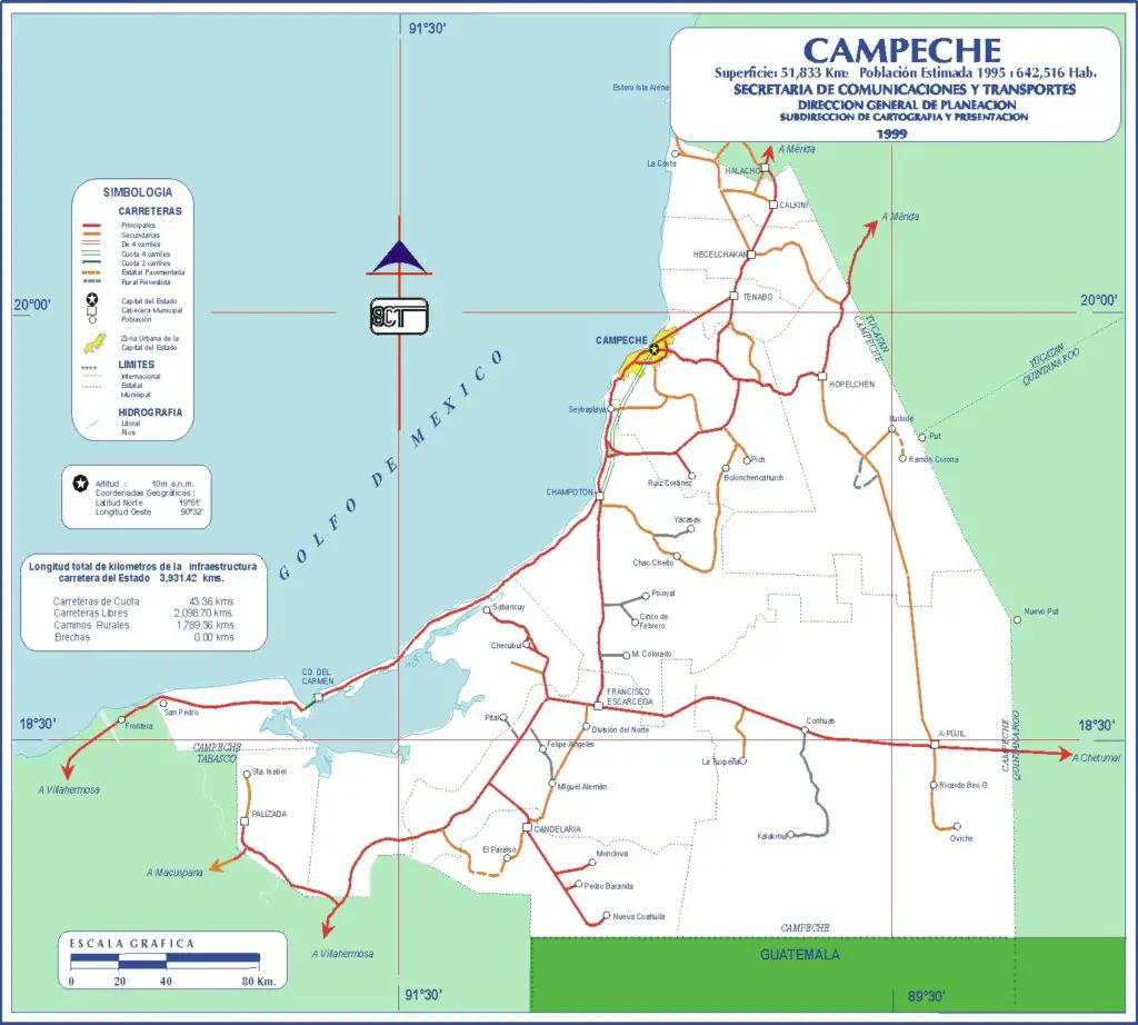 Mapa de carreteras del estado de Campeche Mexico