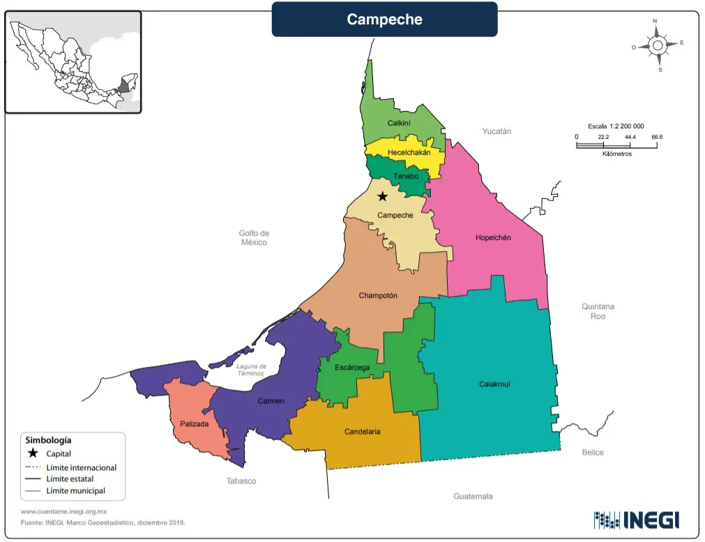 Mapa del estado de Campeche con nombres a color