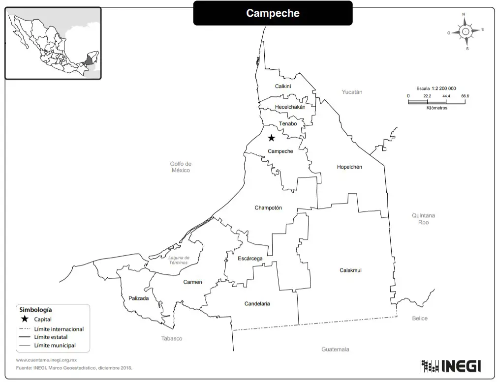 Mapa del estado de Campeche con nombres en blanco y negro