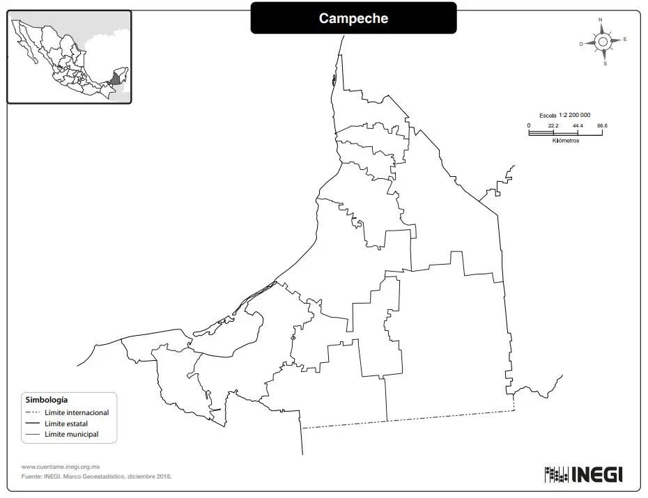 Mapa del estado de Campeche sin nombres en blanco y negro